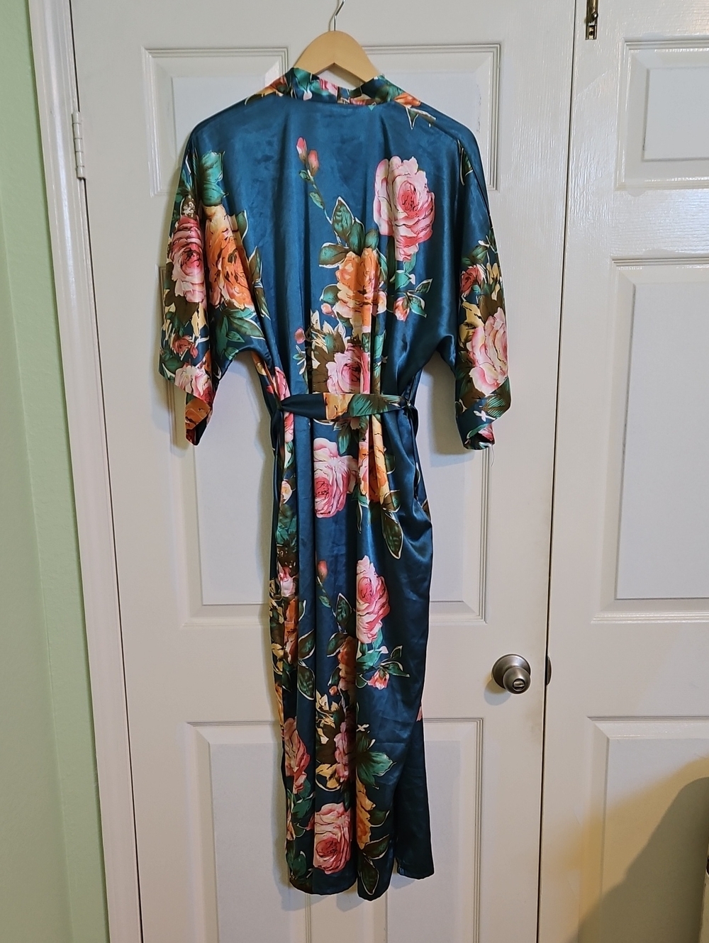 Floral Satin Long Robe in Teal Blue - Picture 2 of 3
